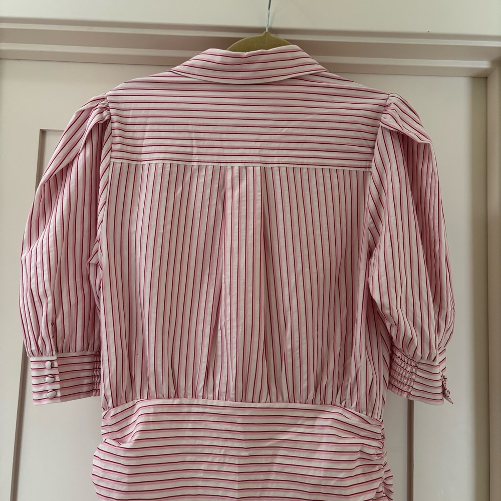 NWOT Maeve Anthropologie Fitted Ruched Mini Shirt Dress Pink Striped M - Picture 5 of 9